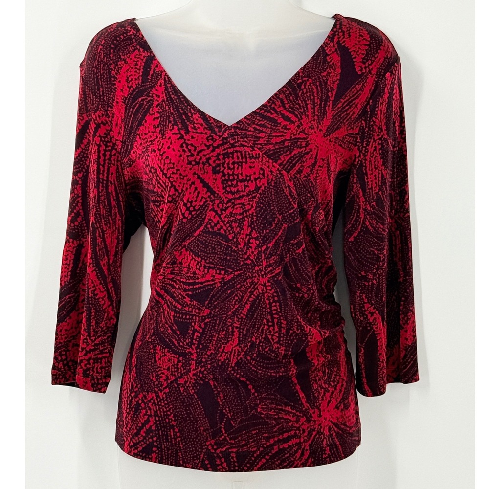 Kiara Womens Black Red Palm Print V-Neck 3/4 Sleeve Ruched Top SCK024 Size Large